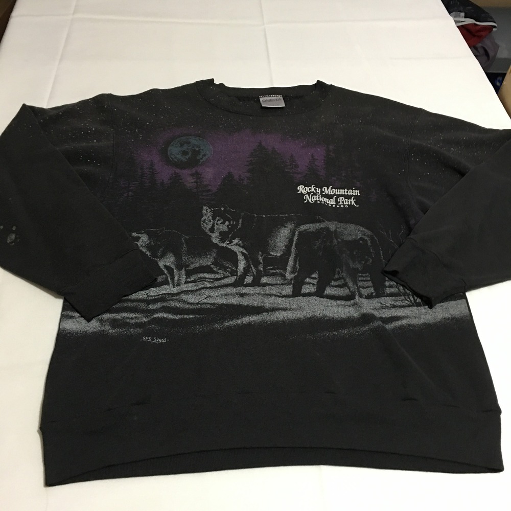 Rocky Mountain National Park Wolves Sweatshirt Crewneck Large Black Wolf Oneita